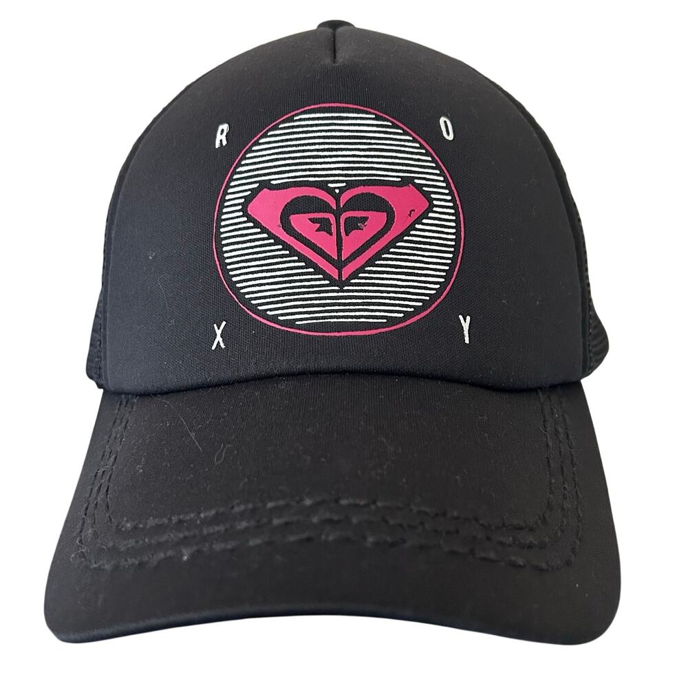 Vintage Roxy Black Mesh Trucker Hat Pink graphic Logo Snapback Surf Skate Cap